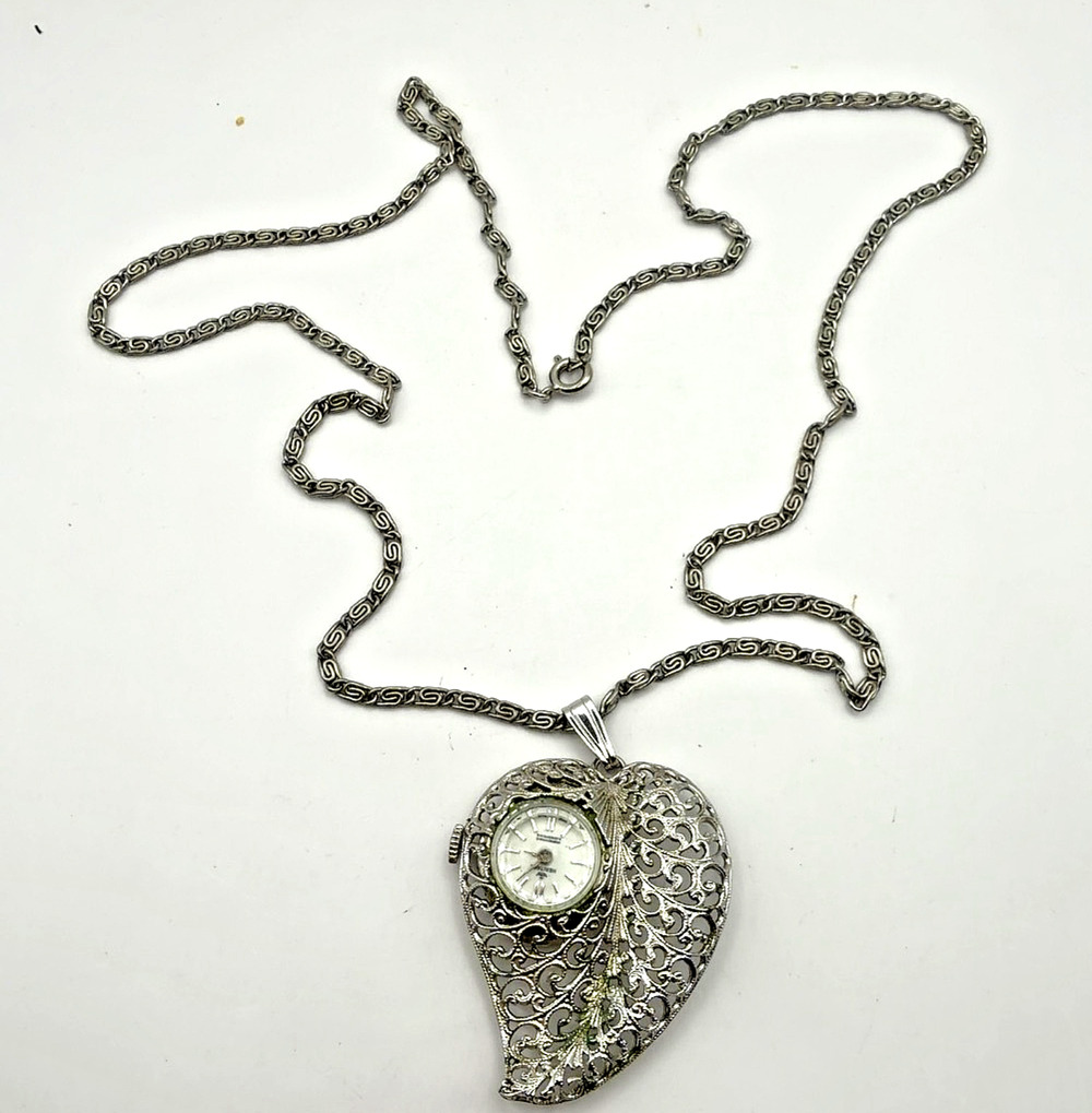 Heritage Swiss Pendant Watch Necklace Filigree Leaf Holder 1 Jewel Vintage